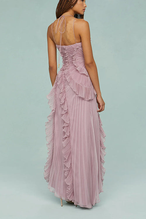 Consonak Strappy Halter Neck Ruffle Trim Asymmetric Hem Pleated Maxi Dress