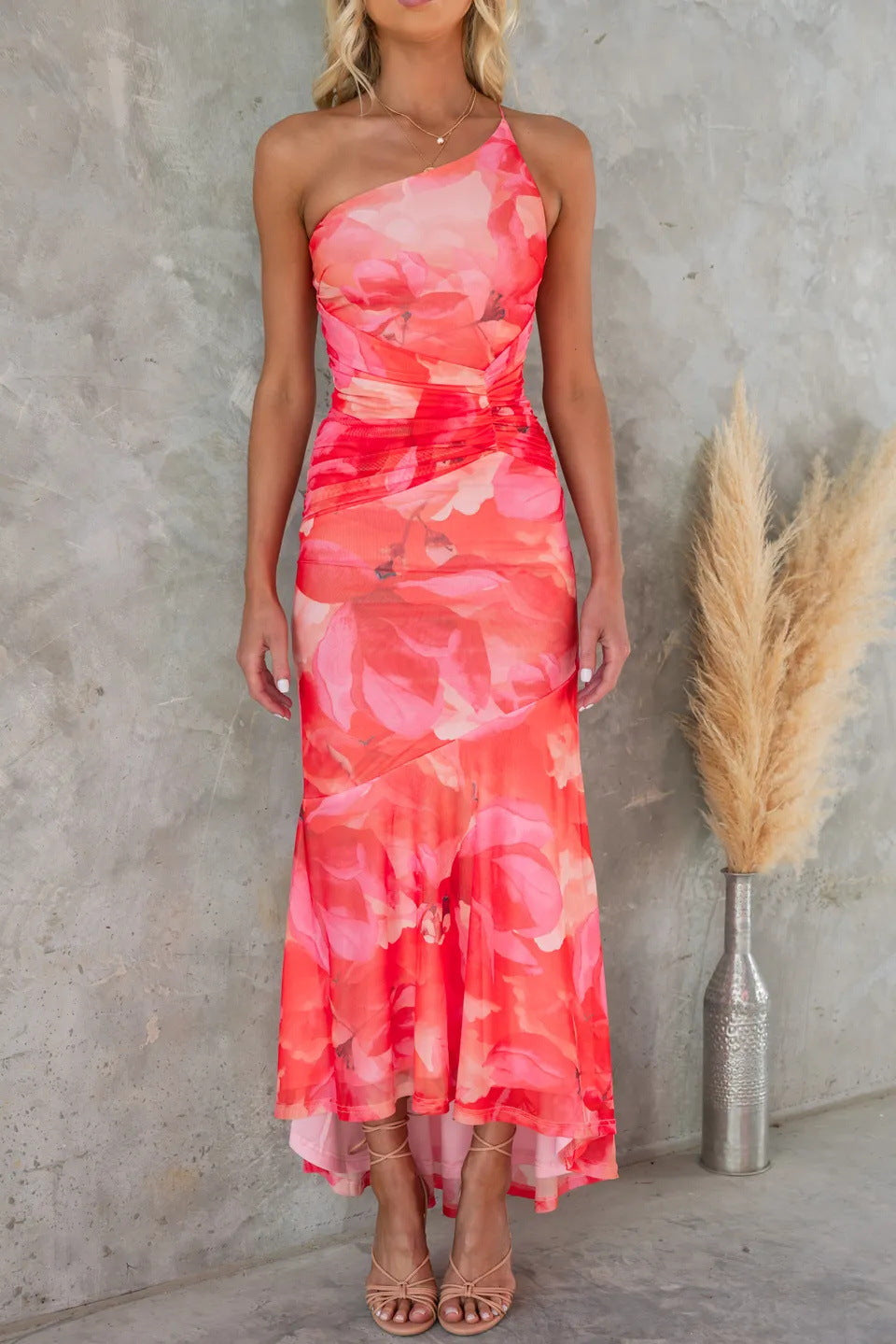 ' Party Dress, Mesh Overlay Printed One Shoulder Wave Skirt, Mesh Overlay Printed One Shoulder Pleated Elastic Long Skirt