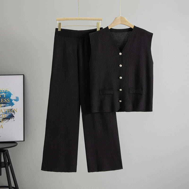 Black – Loose Cardigan Sleeveless Two-piece Set