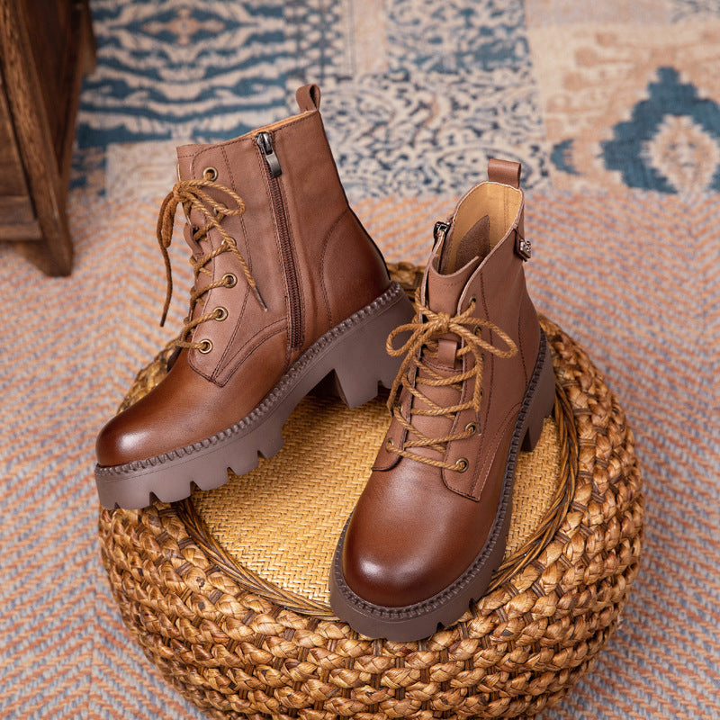 Cowhide Autumn Flat Ankle Retro Round Toe Martin Boots