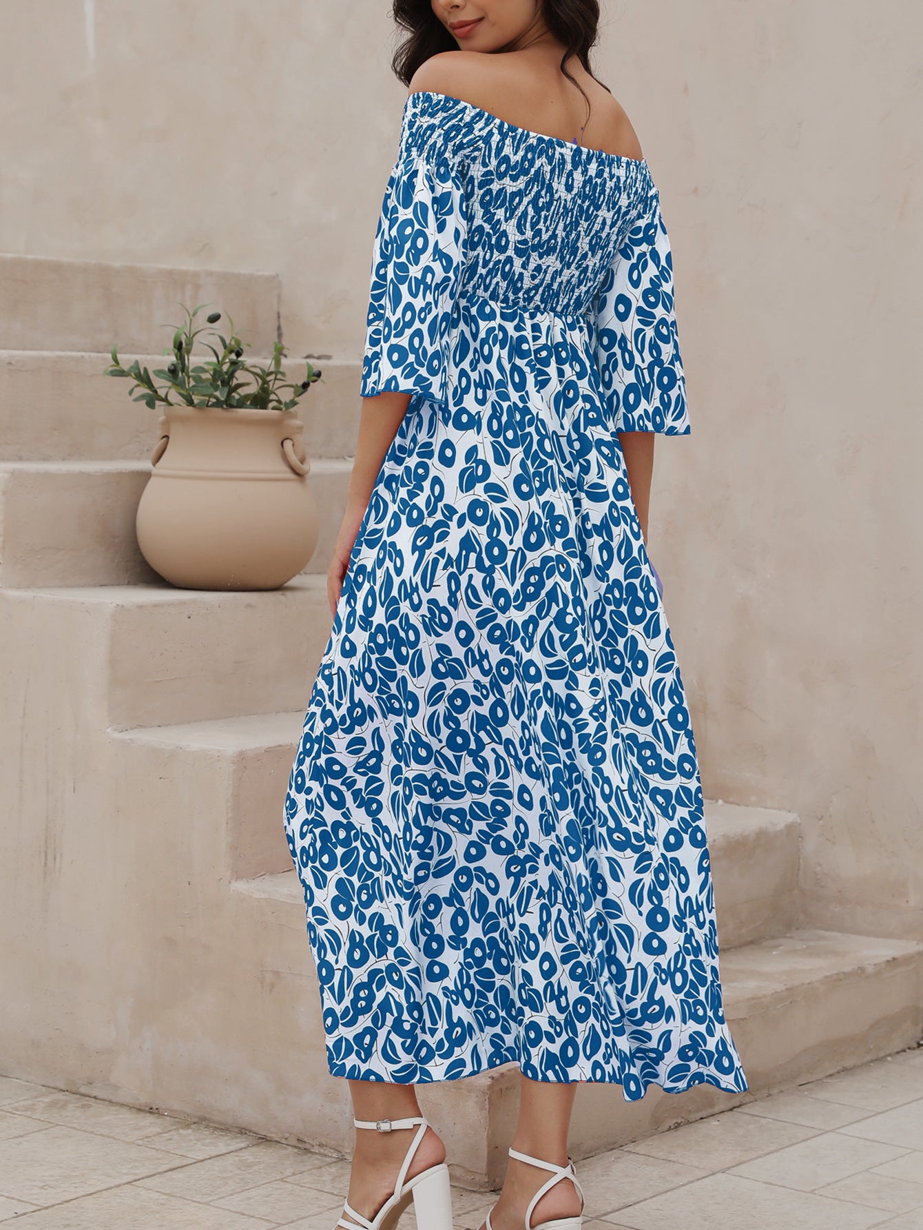' Vacation Flower Street Printed Off Shoulder Waist Pocket Long Dress