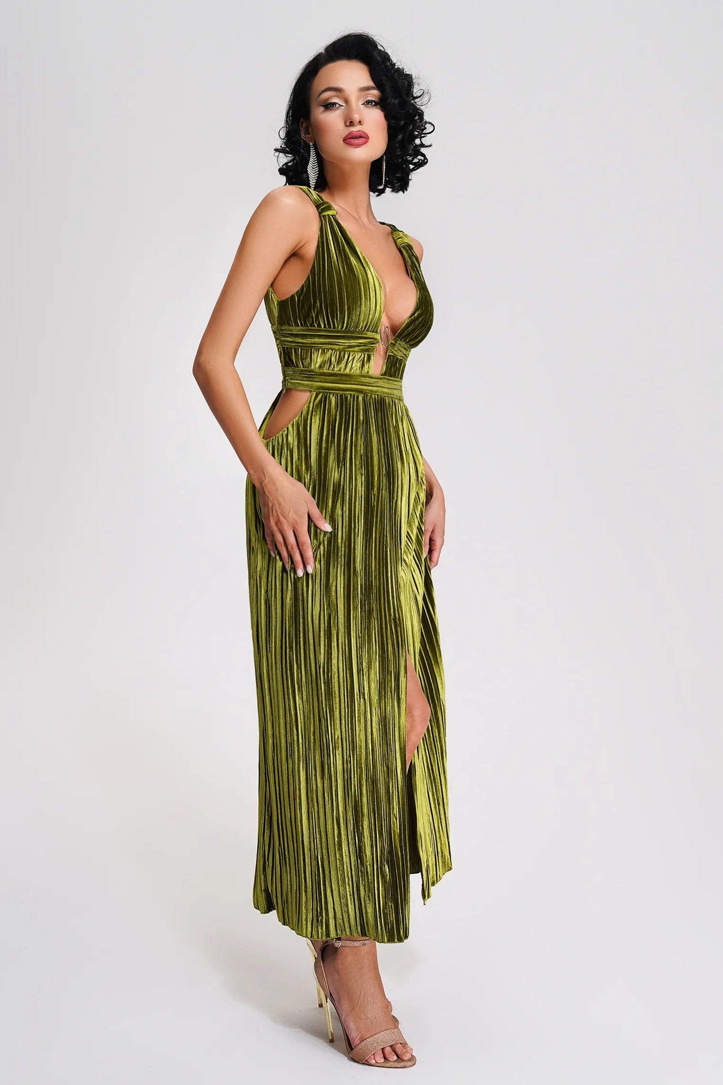 Ruby Green Velvet Slit Midi Dress