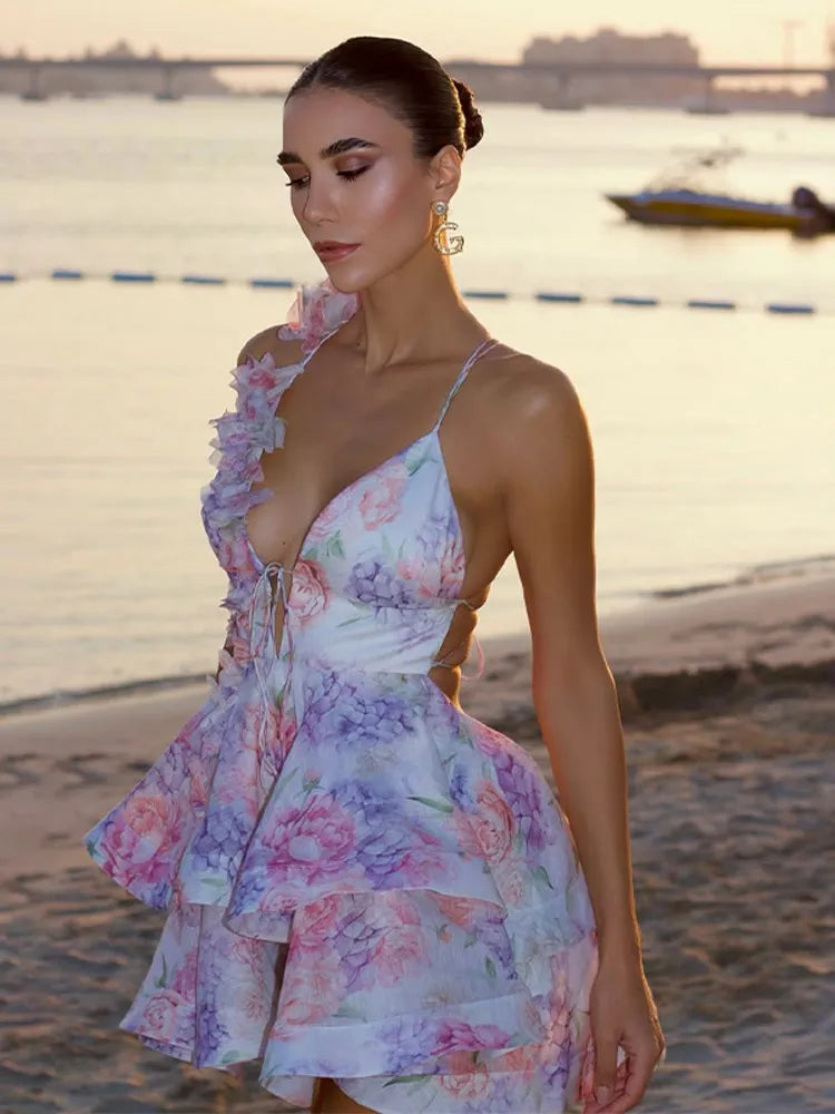 Patchwork Mesh V Neck Mini Dress