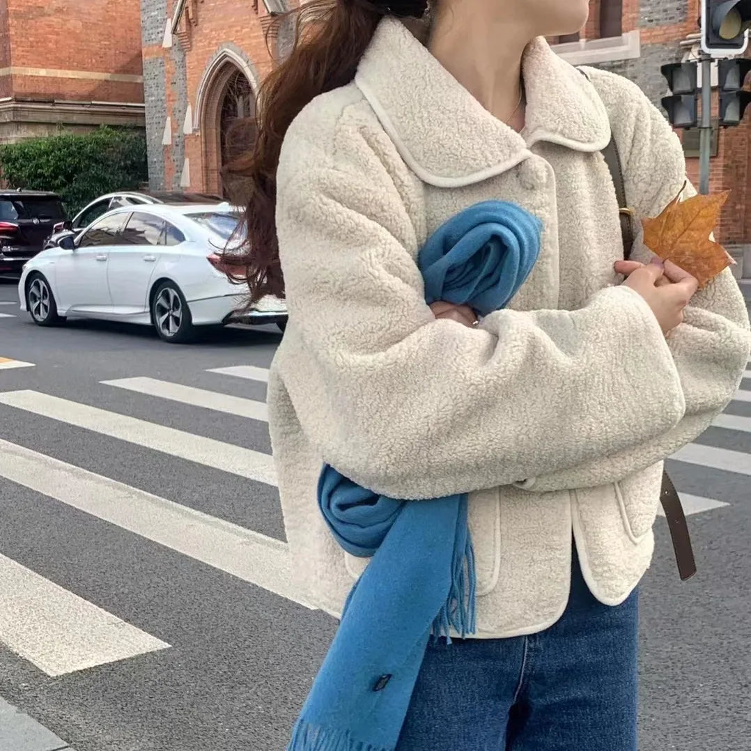 Winter Sweet Plush Coat Lamb Fur Jacket Peter Pan Collar Single Breasted Short Outerwears