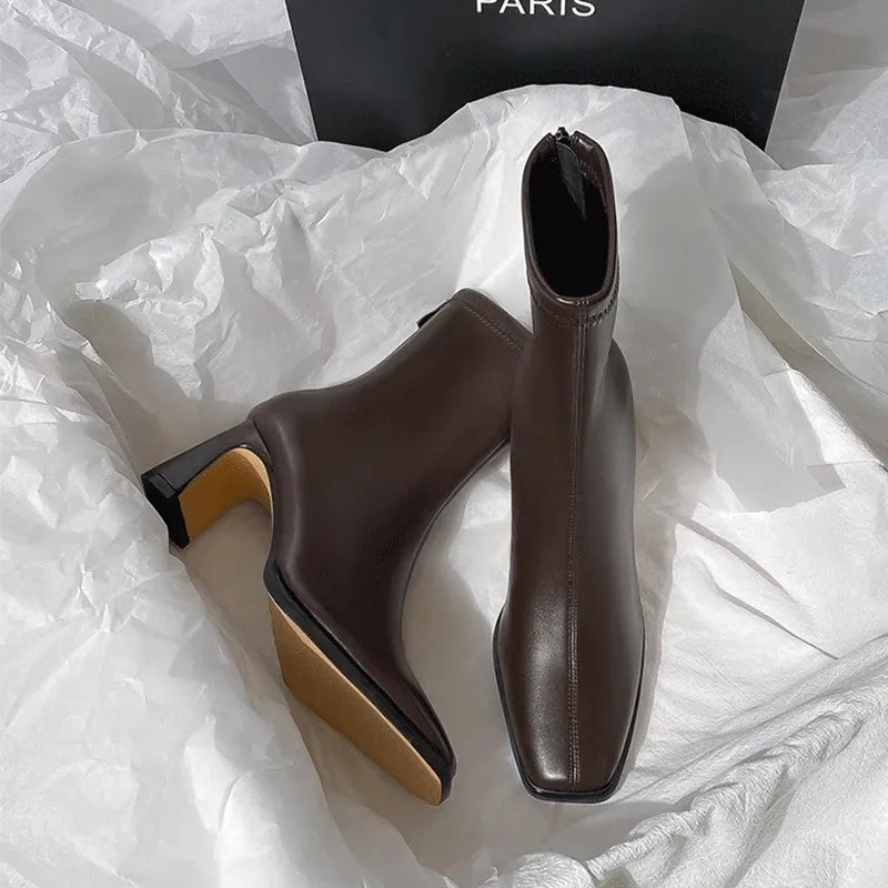 Square Ankle Comfortable Soft Leather High Heel Zipper Ankle Boot