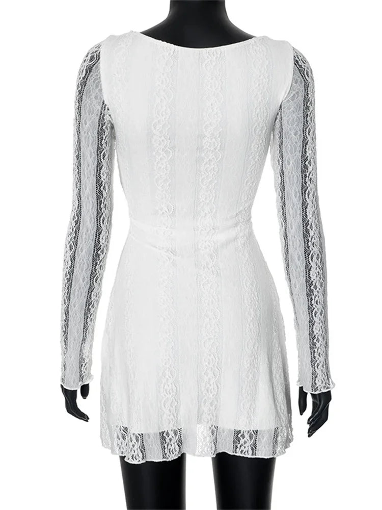 White Lace See-through Mini Dress for High Waist Patchwork Slim Party Dress Gown Dress