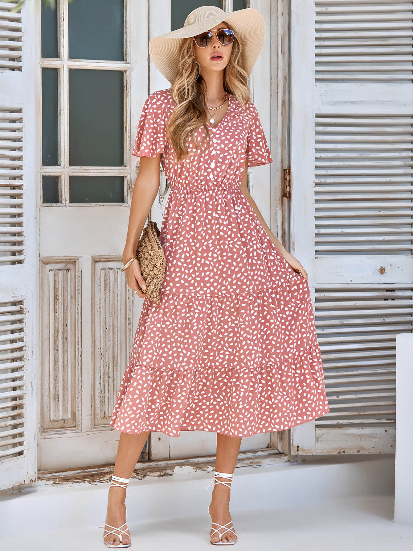 Charlie Short Sleeve Spot Midi Dress - Salmon