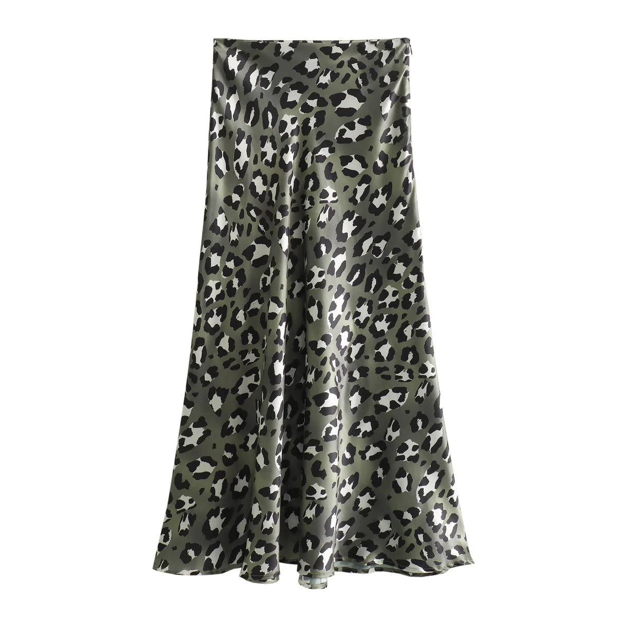 Female Retro Leopard Print Summer High Waist Satin A-line Skirt