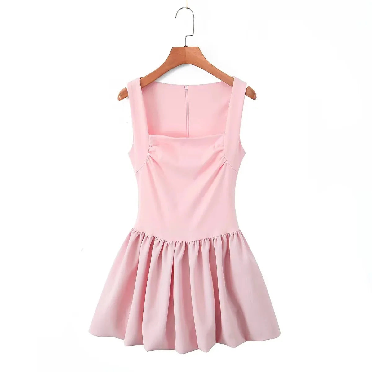 Spring New Pink Sweet Mini Dress Square Collar Sleeveless Short A-line Vestidos Female Dresses