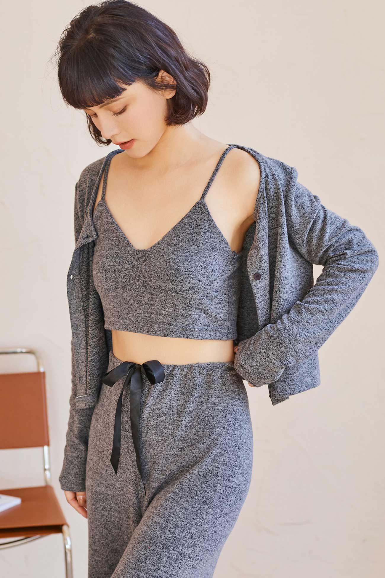 Color Cardigan Long Pants Loungewear Three-piece Outfit