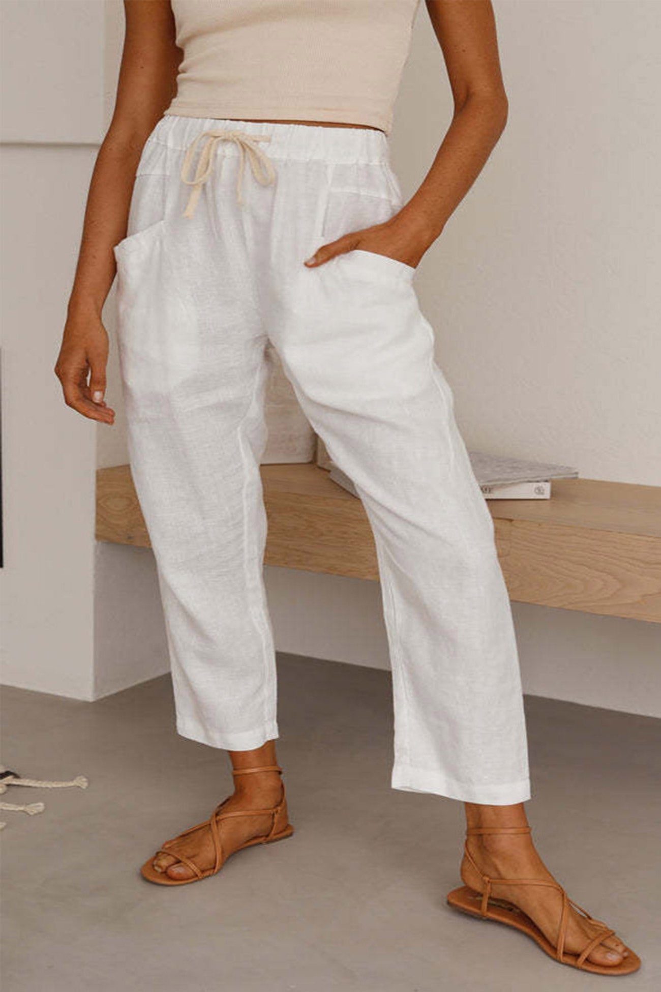 Color Elastic Waist Long Pants
