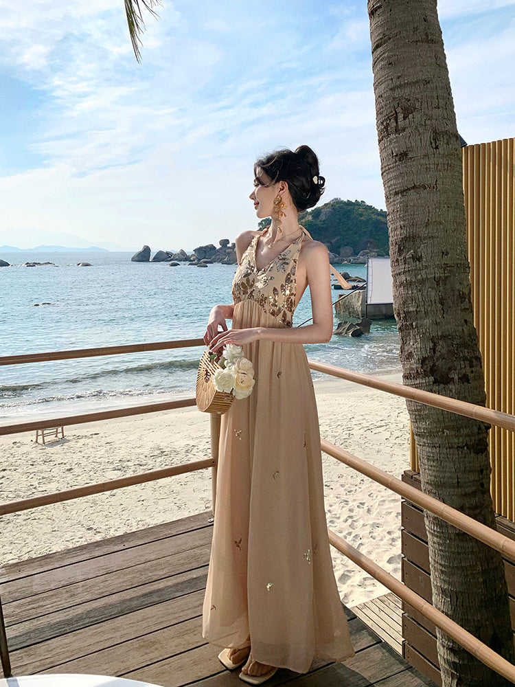 Sparkly French Halter Maxi Dress _ Backless Gown for Beach Vacay