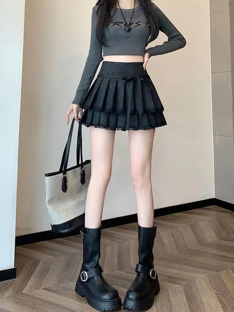 Bow Pleated Pu Skirt