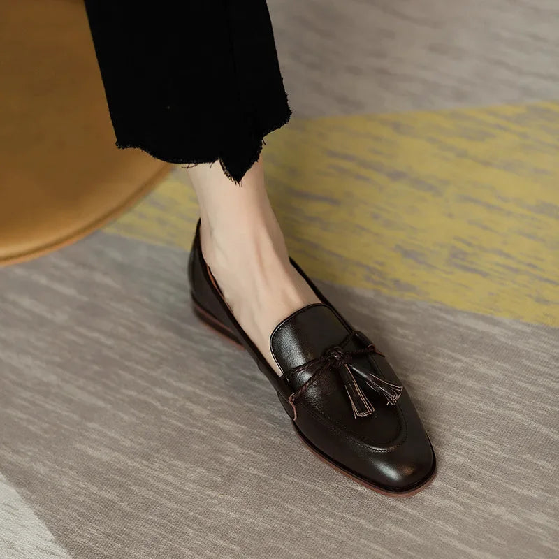 Patent Leather Bowknot Low Heel British Tassel Flats Loafers