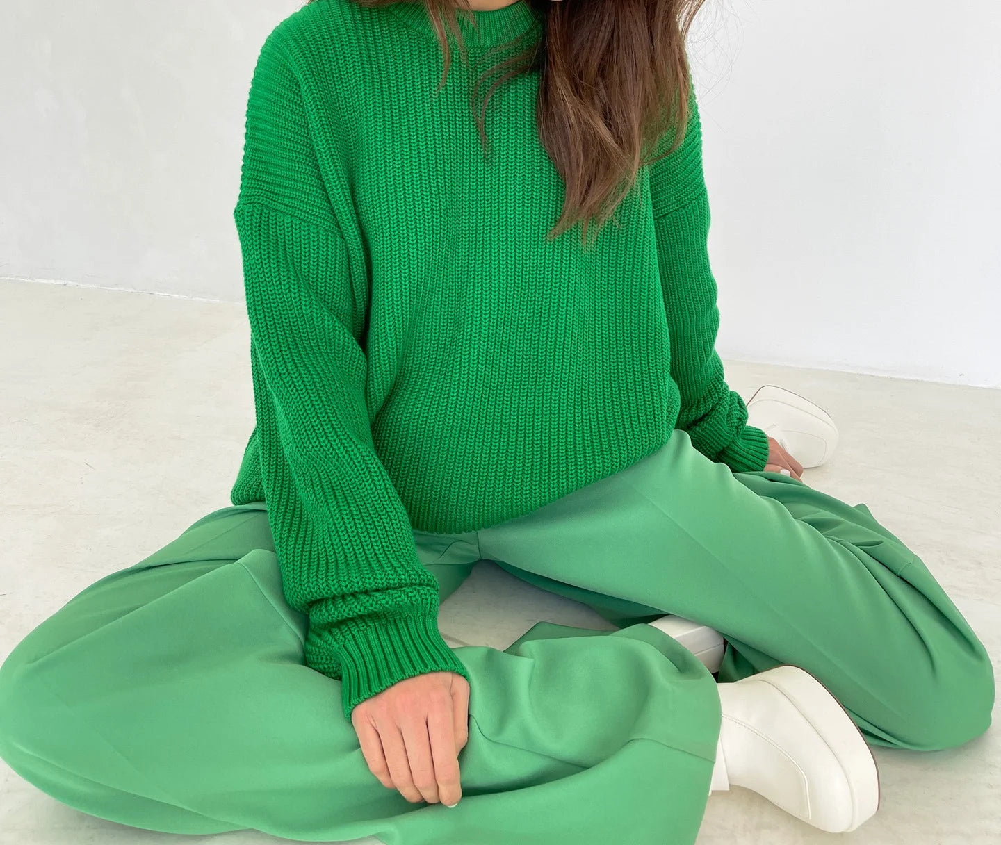 Warm Green Knitted Oversized Thick Loose White Sweater