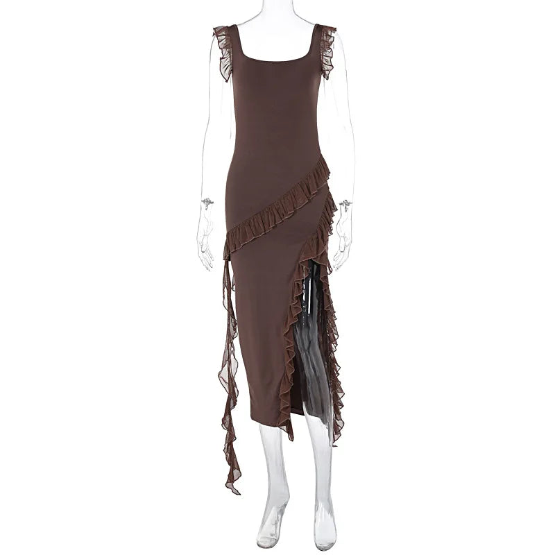 Maxi Summer Autumn Wooden Splicing Temperament Vestidos Midi Dresses