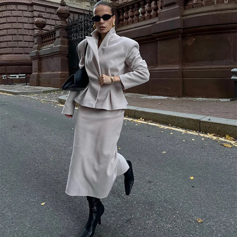 Woolen Blazer Zipper Skirt Office Two Piece Set