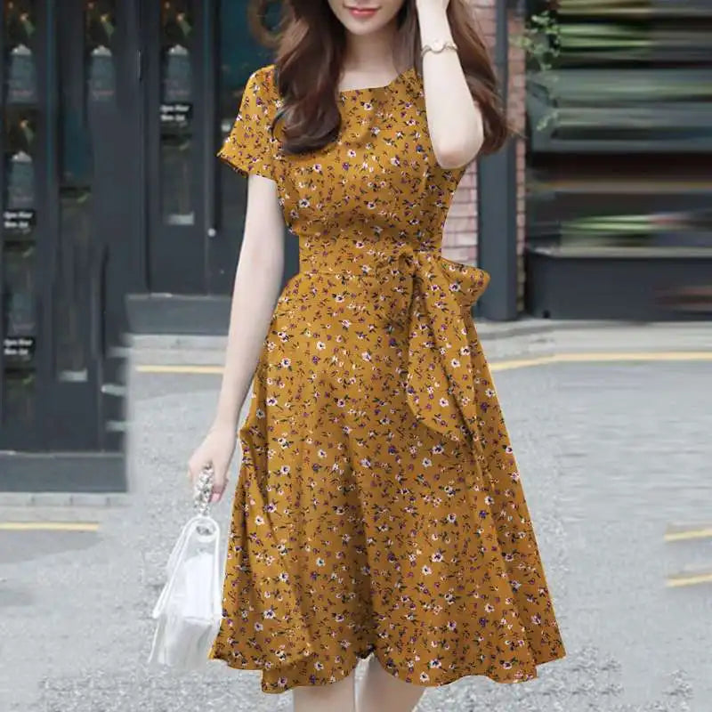 Short Summer O Neck Holiday Knee Length Robe Femme Midi Dresses