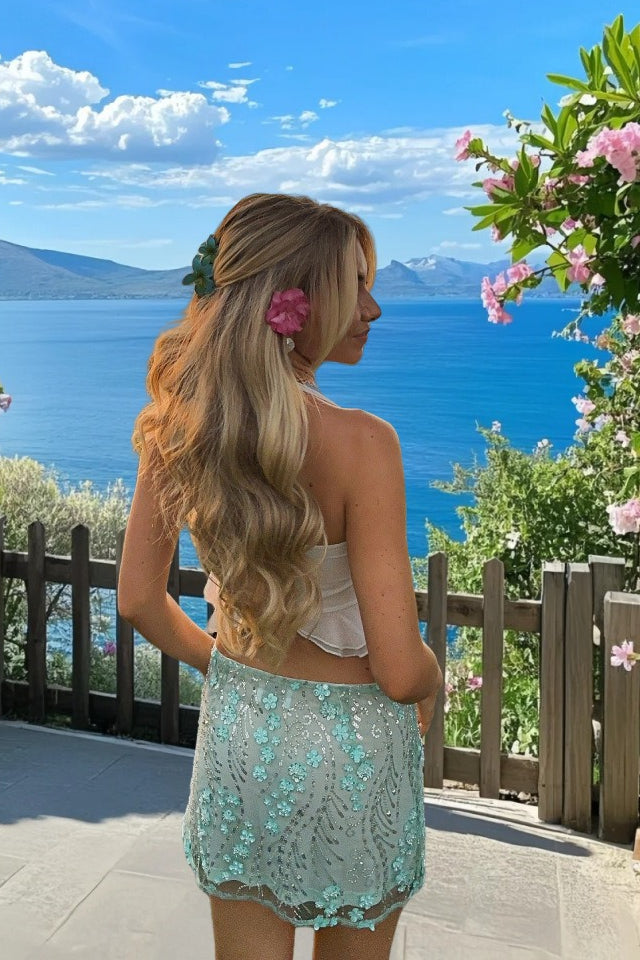 3d Embroidered Sheer Mesh Sequin Skirt