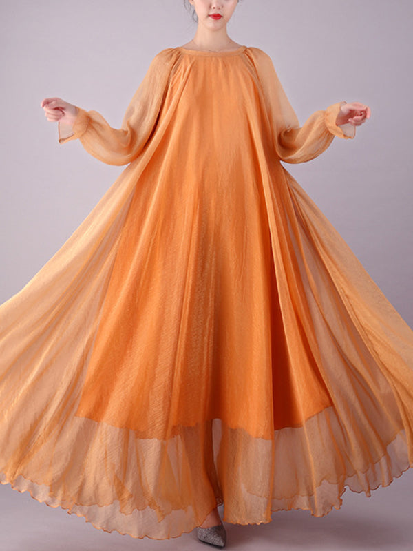 Long Sleeves Loose Falbala Gauze Pleated Color Tied Waist Round-neck Maxi Dresses