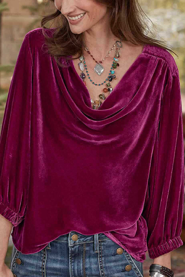 Gold Velvet Stacked Collar Pleated T-shirt
