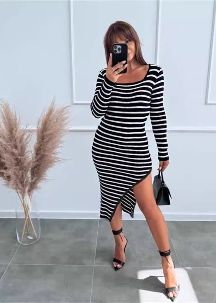 Striped - Side Slit Bodycon Dress