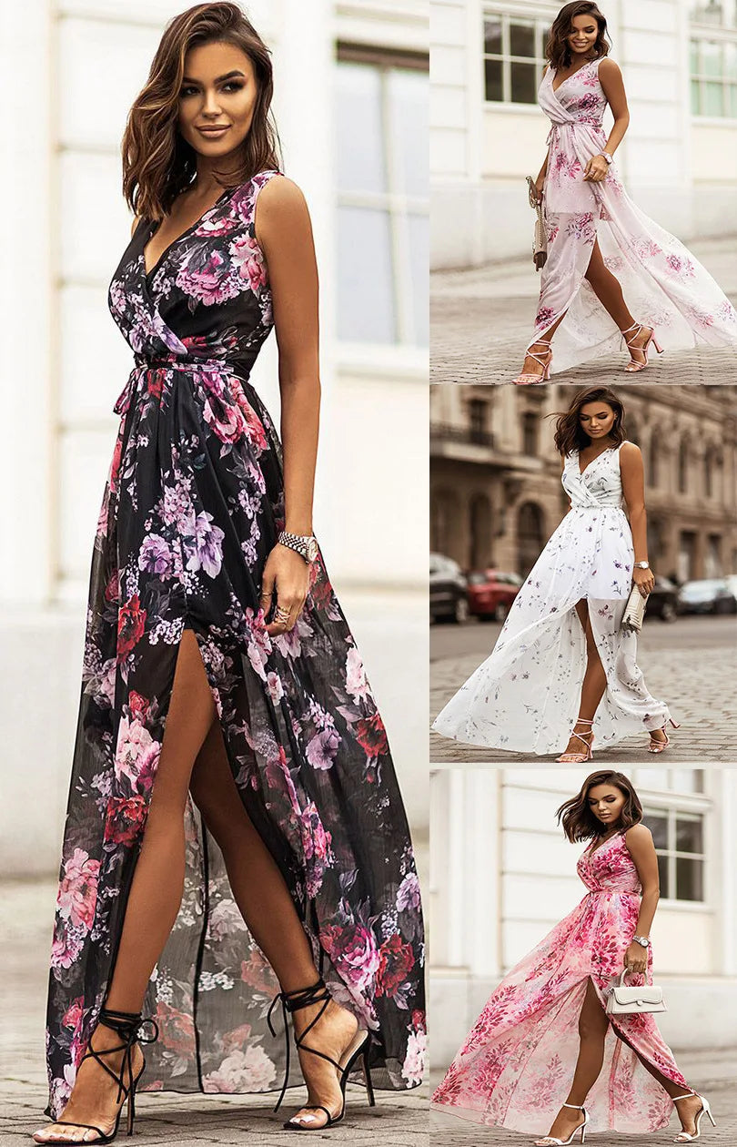 Chiffon Flowers Print Long Dresses V-neck Backless Leace-up Slit Dress Temperament Lady Commuting Vestidos