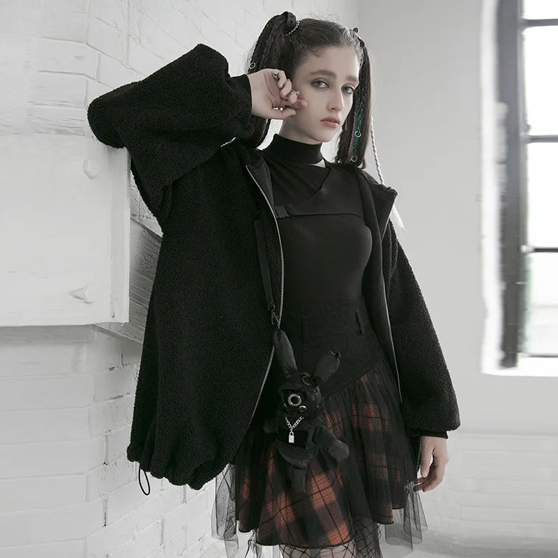Style Mesh Stitched Plaid Warm High-waisted Fluffy Daily Thick Personality Mini Skirt