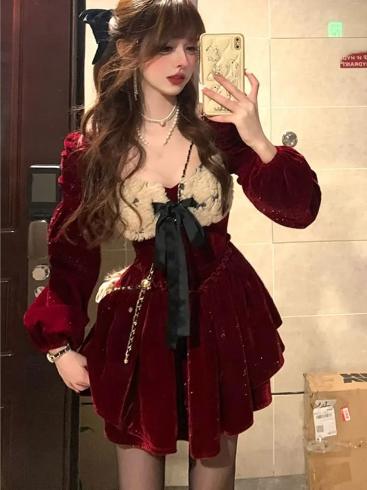 Y2k Velvet Mini Dress Lantern Sleeve Square Collar Patchwork Lace Up Layered Ruffles Autumn Spring Birthday Party Vestidos