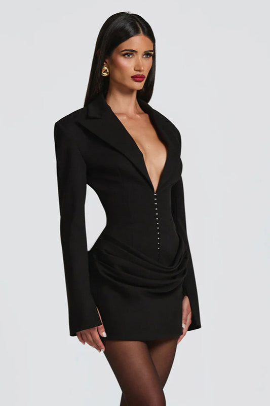 Tailored Deep V Neck Slim Waist Mini Dress