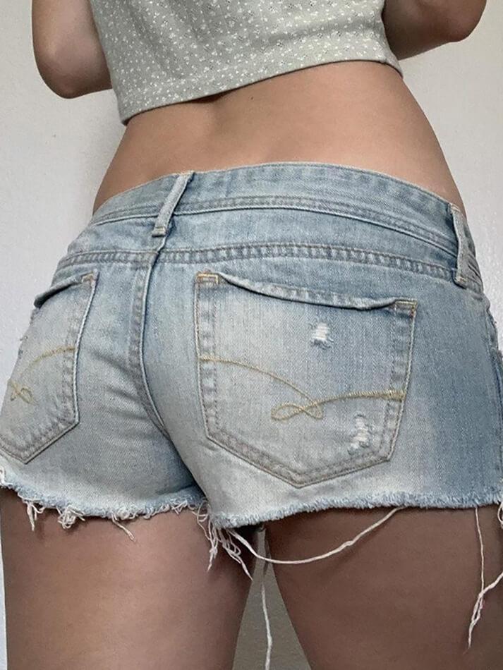 Blue Low Rise Frayed Denim Shorts