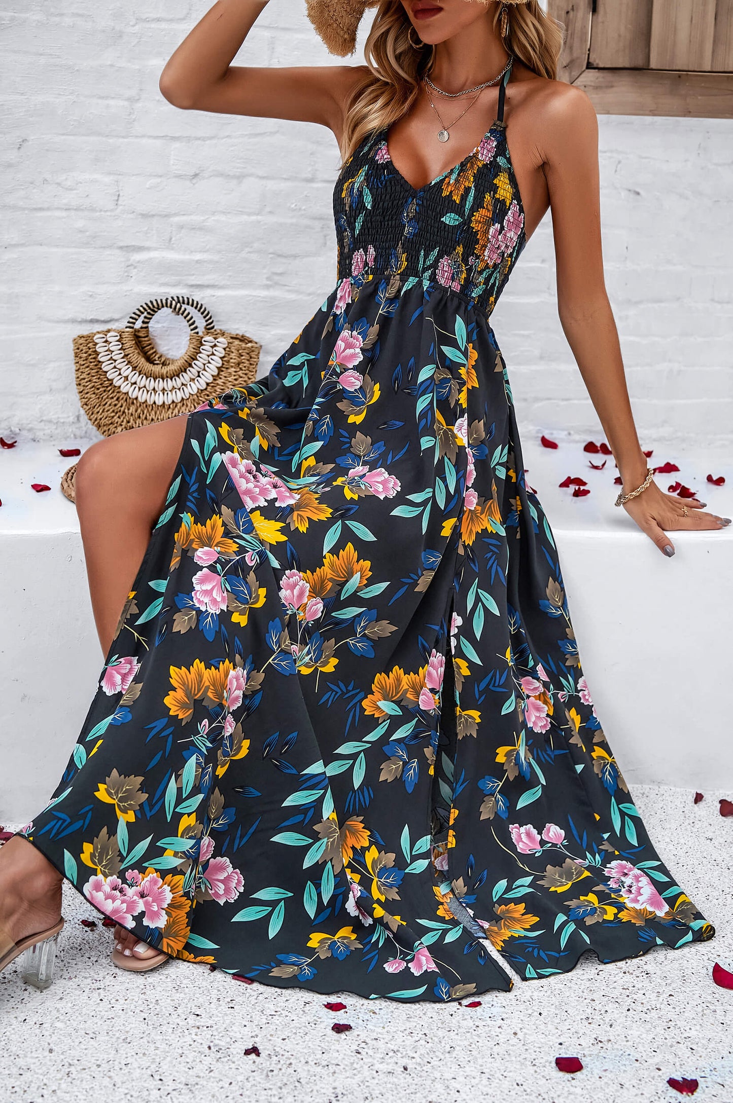 Hawaii Print Tie Back Halter Maxi Dress - Black