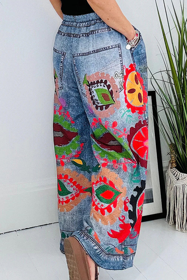 Hippie Style Unique Denim Print Elastic Waist Pocketed Wide Leg Pants