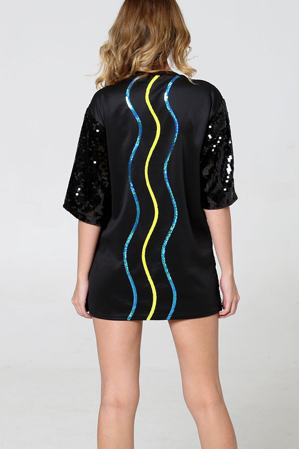 Love Eyes Letters Sequined Round Neck Short Sleeve Mid-length Loose T-shirt