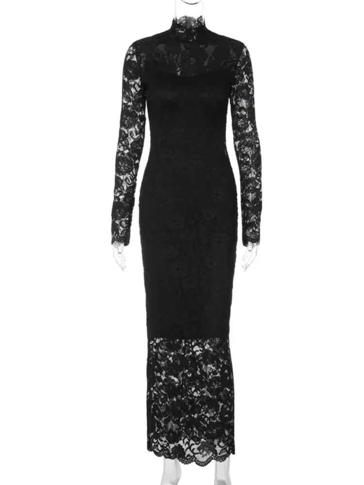 Long Sleeved Lace Patchwork Long Dress Summer New Slim Fit Bodycon Party Evening Dress