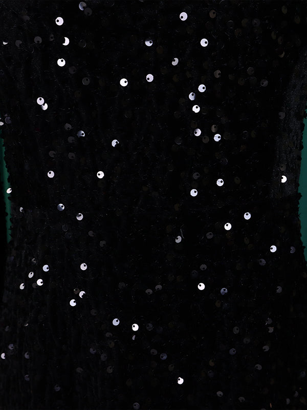 A-line High Waisted Sequined Split-joint Zipper Round-neck Maxi Dresses