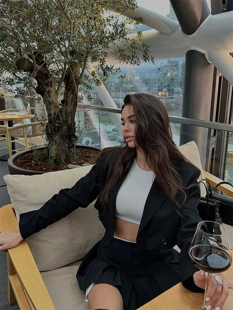 Fall Blazer Suit Two Piece Sets Turn-down Collar Blazers Tops and Pleated Skirts Femme High Street Y2k Outfits