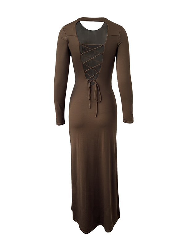 Bodycon Long Sleeves Backless Hollow Color Split-side Round-neck Maxi Dresses