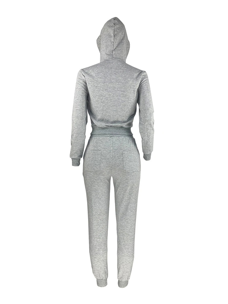 Simple Two Piece Set Sporty Long Sleeve Zipper Design Top Hooded Collar Broken Heart Print Female Tracksuit Set