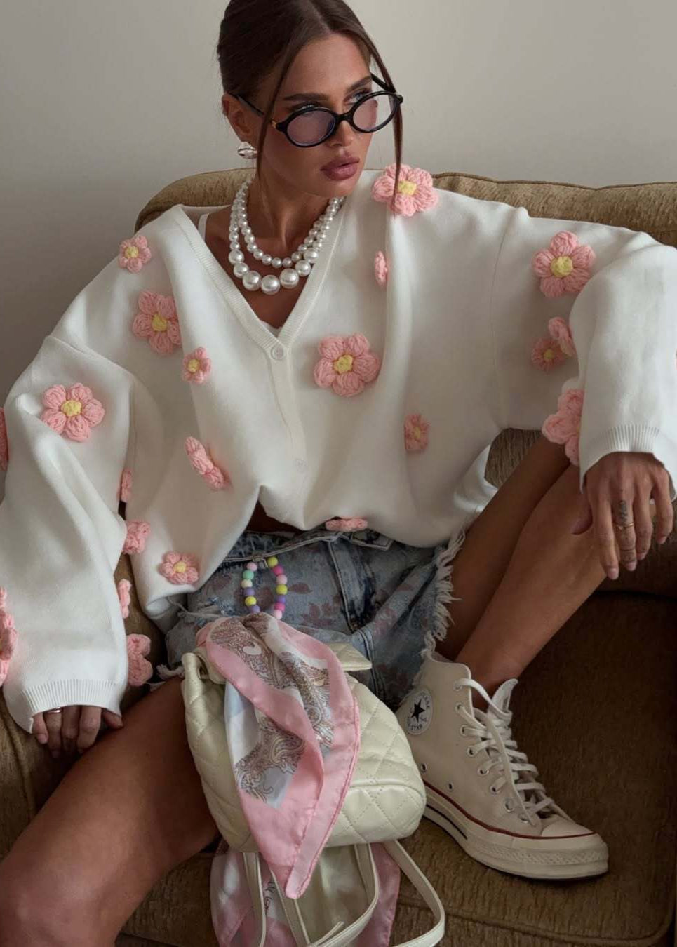 Blush Bloom - 3d Knit Cardigan With V-neck