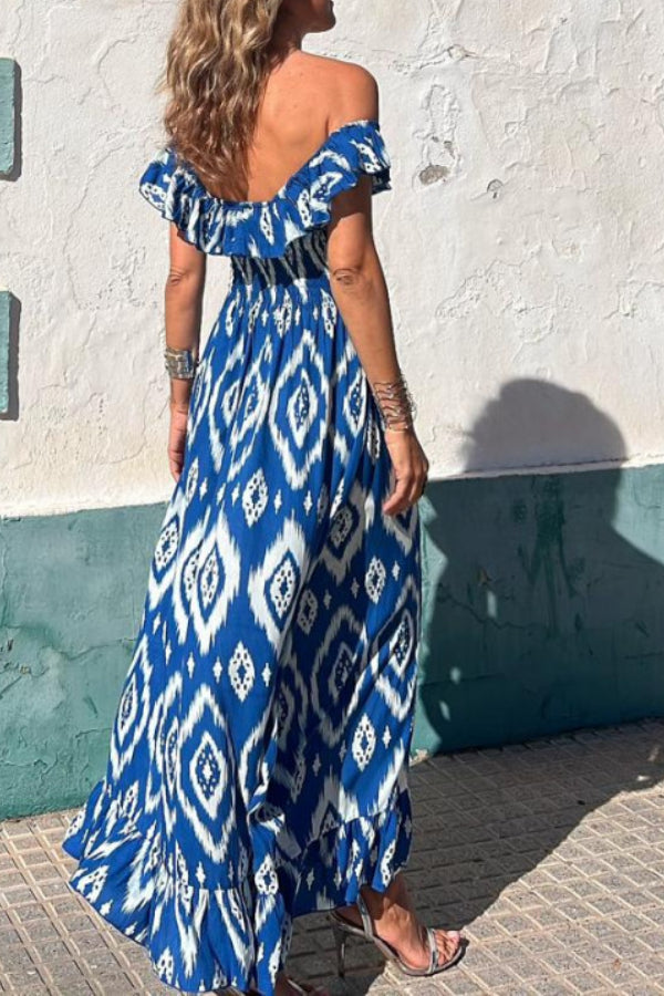 Tunisia Blue Printed, Long Dress