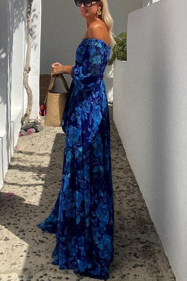 ' One Shoulder Blue Flower Design Off Shoulder Back Smoke Vacation Long Dress