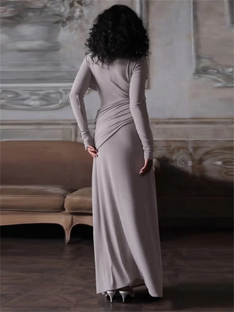 Autumn Patchwork Long Dress Female Slim High Waist Skinny Party Dress Gown Pleated Bodycon Dress