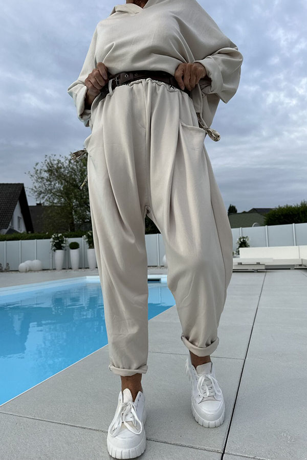 Color Loose Hooded Sweatshirt and Elastic Waist Pocket Pants Set