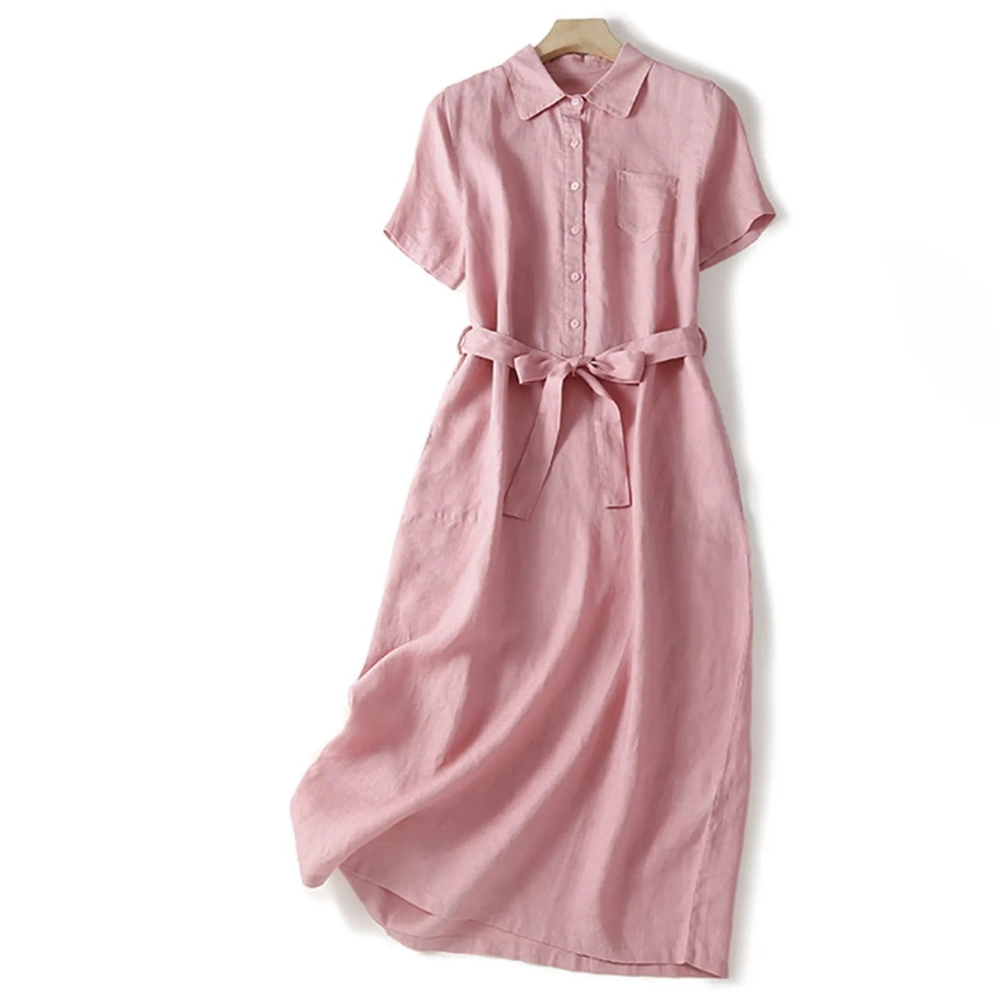 Elara Linen Midi Dress — Breathable Collared Dress With Adjustable Belt