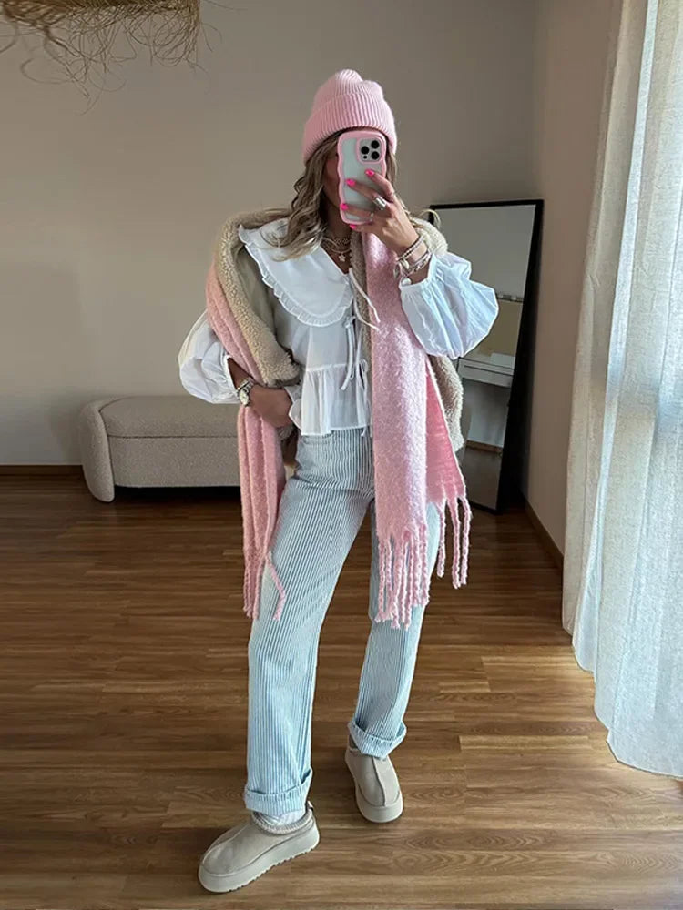 Lapel Doll Collar Shirts for Lantern Long Sleeve Lace Up Blouse Female Cropped Tops
