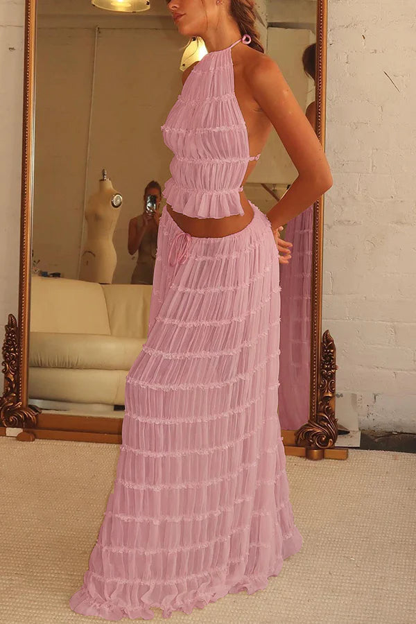 Versatility and Charm Pleated Drawstring Waist Tiered Maxi Skirt