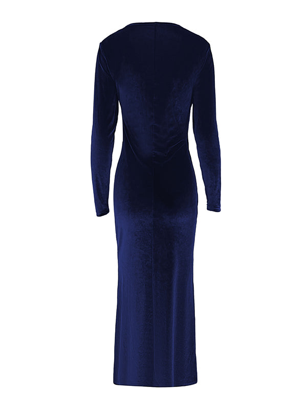 Bodycon Long Sleeves Pleated Color Split-joint V-neck Evening Dresses Maxi Dresses