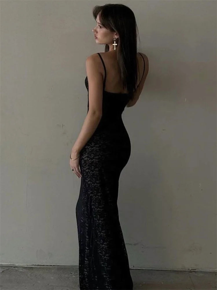 Lace Hollow Out Backless Maxi Dress Slim V-neck See-through High Street Summer Party Dress Slim Dress