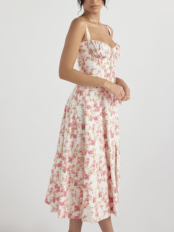 French Ditsy Print Breasted Slim Midi Dress